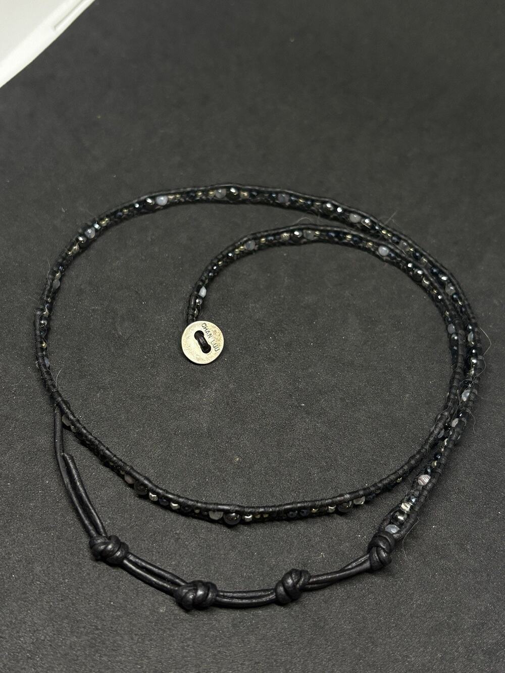 Chan Luu Black Leather Wrap Bracelet with white Glass Beads 925 Sterling